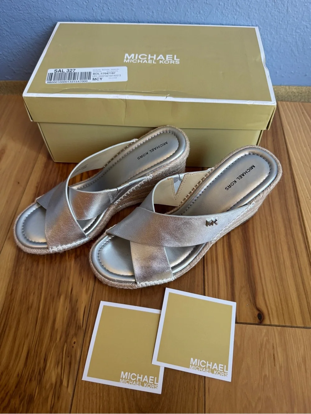 Michael Kors Silver Metallic Crisscross Espadrille Wedge Slides